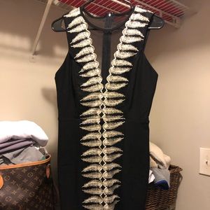 Low cut mesh, gold & black cocktail dress